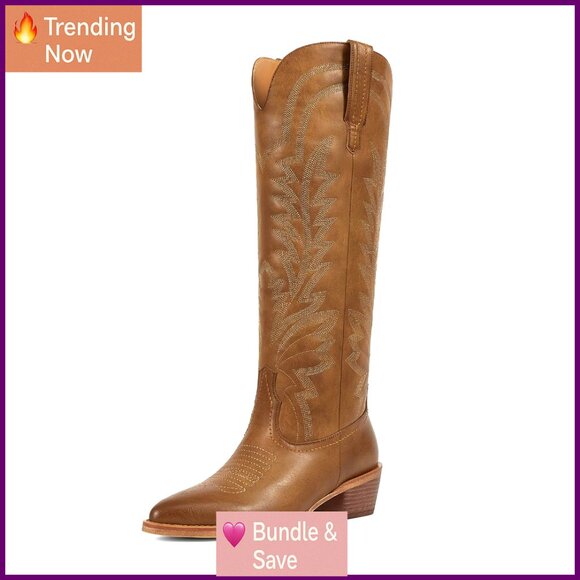 Knee High Cowboy Boots Synthetic Leather 2-Inch Heel Pull On Western Fashion